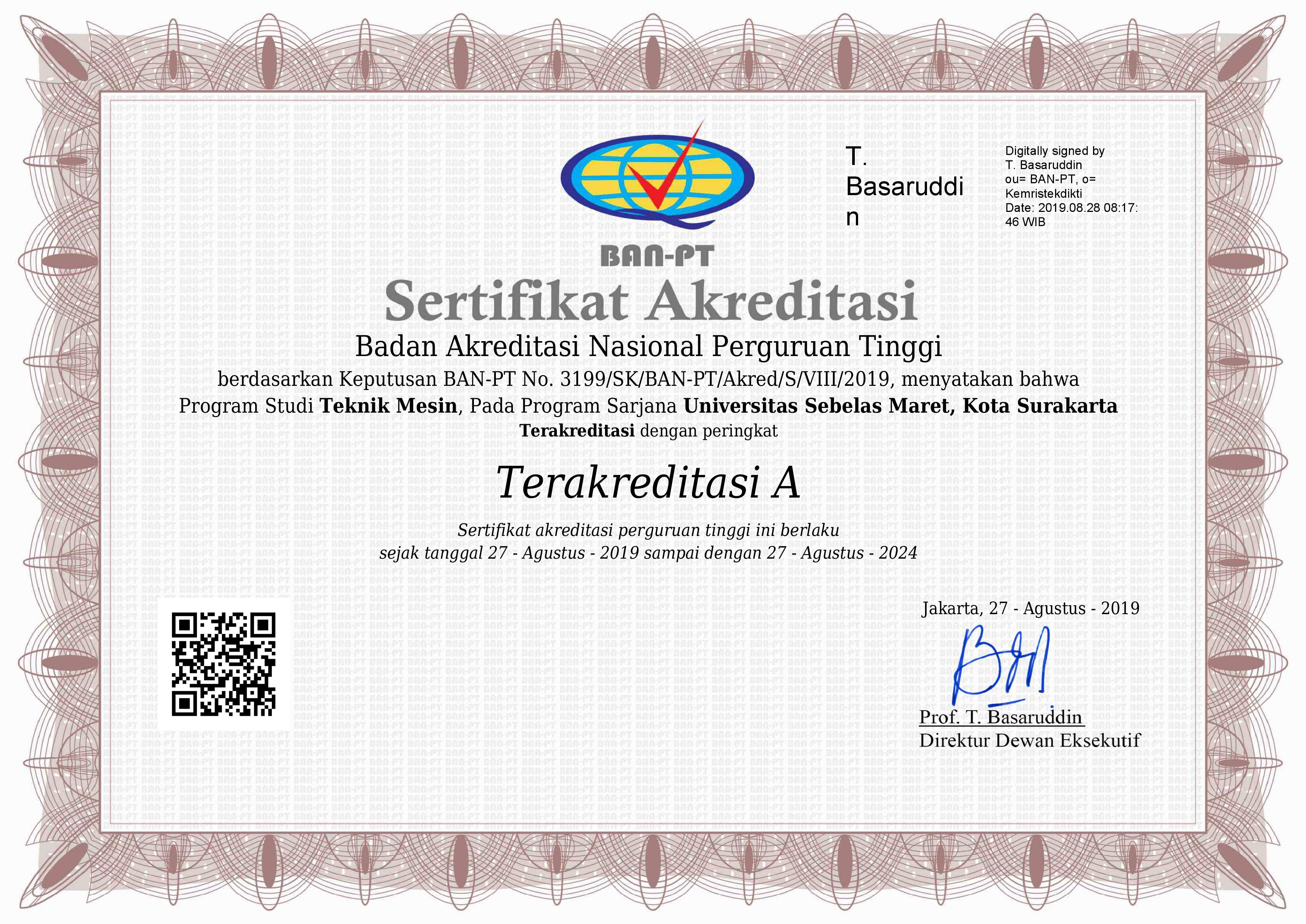 Mechanical Engineering Sebelas Maret University (UNS) received an A accreditation